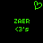 Green pixelated heart symbol above two identical green text blocks reading ZAER and <3's on black background