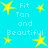 Pixelated cyan background with yellow stars and light blue text reading "Fit Tan and Beautiful" in a pattern