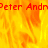 Animated fire background with red text reading "Peter Andr" repeated across the top and bottom, transitioning to a solid gray rectangle on the right side.