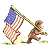 Animated contact sheet showing three frames of a Curious George-themed buddy icon with an American flag, text elements, and a cartoon monkey character.