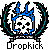 Pixel art skull with blue flame-like hair, teal and black laurel wreath, gray background, 'Dropkick' text below.