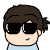 Pixelated cartoon character with brown hair in a bun, black sunglasses, light blue shirt; three of showing hand movements and yellow stars