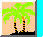 Pixelated icon set with palm trees, camera, cactus, suitcase, globe, sailboat, hiker, and information symbol on beige background.