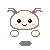 A 4-frame pixel art animation of a white cartoon character with red antennae, black eyes, and pink cheeks in various poses with floating hearts on a gray background.