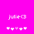 Pixelated text 'julie<3' on bright pink background with white and pink star-like symbols below, two identical frames side-by-side.