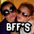 Two people with brown hair stand close together against a warm-toned background, wearing dark and light clothing respectively. A large white text overlay reads "BFF*S" in bold block letters.