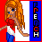 Pixelated character with long orange hair in red top and blue pants, standing against red and white background with vertical blue text