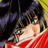 Anime-style character with dark hair and green eyes, wearing red clothing, positioned next to black background with white text.