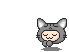 Pixelated cat-like character in gray costume with white inner ears, closed eyes, and pink cheeks, shown across with varying yellow star trails