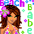 Pixel art contact sheet of a beach-themed animated icon featuring a cartoon woman with brown hair, green eyes, and a flower in her hair across three frames showing slight pose variations against a white background with colorful text and floral patterns.