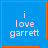 Blue square icon with orange border displaying 'i love garrett' text, featuring animated heart and star symbols in bottom-right corner.
