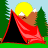 A red tent in a forest with mountains, trees, and sun/moon transitions across three of