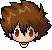 Pixel art character head with brown spiky hair, pink cheeks, and yellow collar in three expressions: open mouth, closed mouth, and eyes closed.