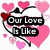 Pixelated heart-themed icon with four text segments arranged in a , each segment containing black text on a white background with pink heart shapes surrounding the text