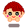 Pixel art character with red hair, pink cheeks, and a red smile in two views: front-facing and back-facing on a gray background.