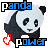 Pixelated panda icon with blue and white text, red heart symbol, and varying color schemes across six