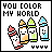 Pixel art animation of three smiling crayons with a pink heart-shaped object, displaying changing eye expressions and colored hearts below.