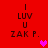 Red background displays 'I LUV U ZAK P.' text with a pink heart that alternates between two positions.