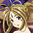 Pixelated static image of a character with blonde hair and blue eyes, wearing a blue headpiece against a brown background.