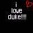 Pixelated text 'i love duke!!!!' with a red heart symbol above the first 'i', displayed on black background.