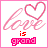 A 4x3 contact sheet of a static animated icon showing the word 'love' with a heart symbol and 'is grand' text in pink tones on white background.