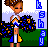 Pixelated character with brown hair holds blue and orange pom-poms, standing on green grass under light purple sky.