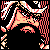 Pixelated static icon of a stylized figure in motion with red and beige tones on black background, featuring dithered edges and checkered patterns.