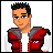 Pixel art contact sheet showing two frames: a character portrait on the left and text on a gradient background on the right.