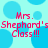 Pixelated text reads 'Mrs. Shephard's Class!!!' in pink over a light blue background with larger blue circles.