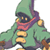 Pixelated green-robed character with purple scarf and yellow accents, wearing a tall pointed hat, standing in profile against white background.