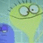 Pixelated green cartoon character with large eyes and spiky hair, wearing blue overalls, in two side-by-side frames showing slight eye movement.