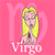 A 50x50 pixel animated contact sheet showing two frames of a Virgo zodiac-themed AIM buddy icon with pink background, featuring a cartoon woman with yellow hair and glasses in prayer pose, transitioning from plain to angelic form with wings and halo.