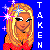 Pixel art icon of a blonde woman with sparkles, red top, and blue background featuring vertical text "TAKEN".