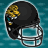 Black football helmet with silver facemask and yellow/gold logo on side, set against teal background.