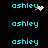 Cyan text 'ashley' on black background with animated white pixel effects including a heart and scattered dots.
