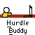 Animated sequence of a yellow figure with white head performing actions against red and gray background, labeled 'Hurdle Buddy' text below.
