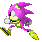 Pixelated character with purple spines, yellow shoes, and green accents running in multiple poses against gray background.