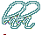 Teal outline of two hands clasped in a heart shape with small colored dots, surrounded by changing pixelated text below.