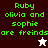 Green pixelated text reads "Ruby olivia and sophie are freinds" on dark brown, gray, white, and gray backgrounds with a white star and brown star icon.