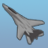 Pixelated gray fighter jet with dark accents against light blue background, angled upward from lower right to upper left.
