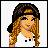 Pixelated image of a woman with long blonde hair wearing a brown headband and white top, surrounded by blue text on a peach background.