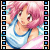 Pixelated anime-style character with pink hair and blue tank top in two sequential animation frames showing slight pose changes.