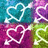 A pixelated of four heart-shaped icons with white outlines on colorful backgrounds, one displaying red text