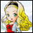 A pixelated anime-style character with long yellow hair and green eyes, wearing a red top and blue dress, next to stylized text on a black background.