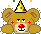 Pixelated brown teddy bear with red nose, white mouth, and red cheeks wears yellow party hat with red stripes; small colored squares float around it on gray background.