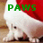 A four- shows a white animal's paws under a red Santa hat, with green text changing across to form 'PAWS on Earth!'