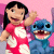Pixelated static image of a girl in pink pajamas and blue alien character against pink background with purple accents.