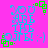 Pixelated cyan text on bright pink background with green square accents and smiley face, animated by shifting green squares.