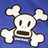 Pixelated white skull with four bone limbs on blue background, static image.