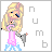 Pixelated character with long blonde hair, blue eyes, and a pink dress holding a gray object, standing on blue checkered ground with gray letters 'n u m b' to the right.